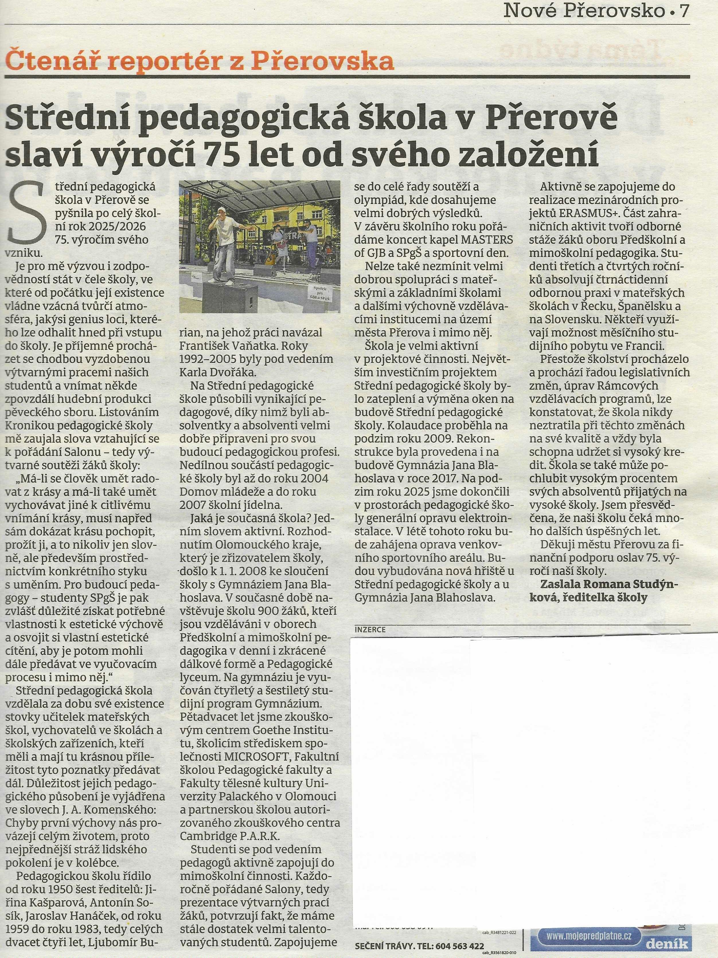 Nové Přerovsko 10. 7. 2026 – Střední pedagogická škola v Přerově slaví 75 let od svého založení