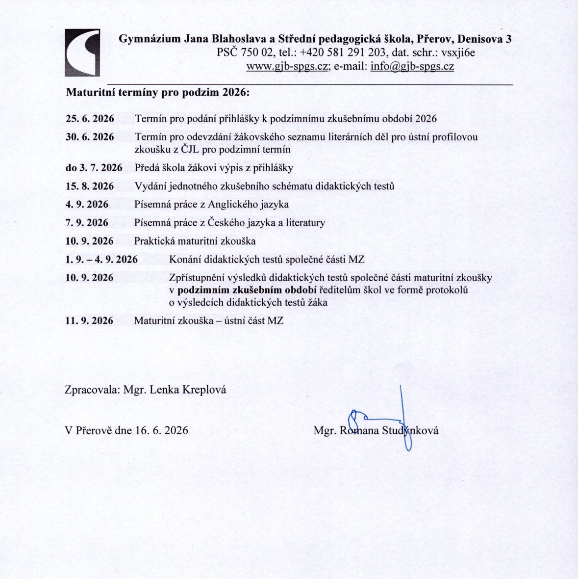 Termíny maturitní zkouška podzim 2026
