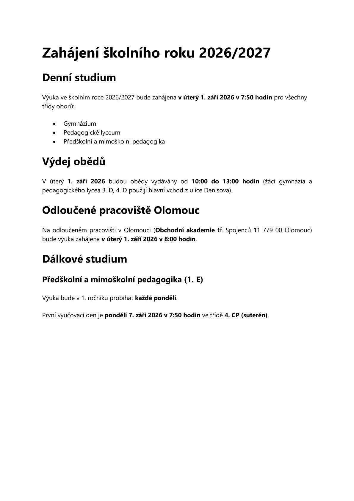 Zahájení školního roku 2026/2027