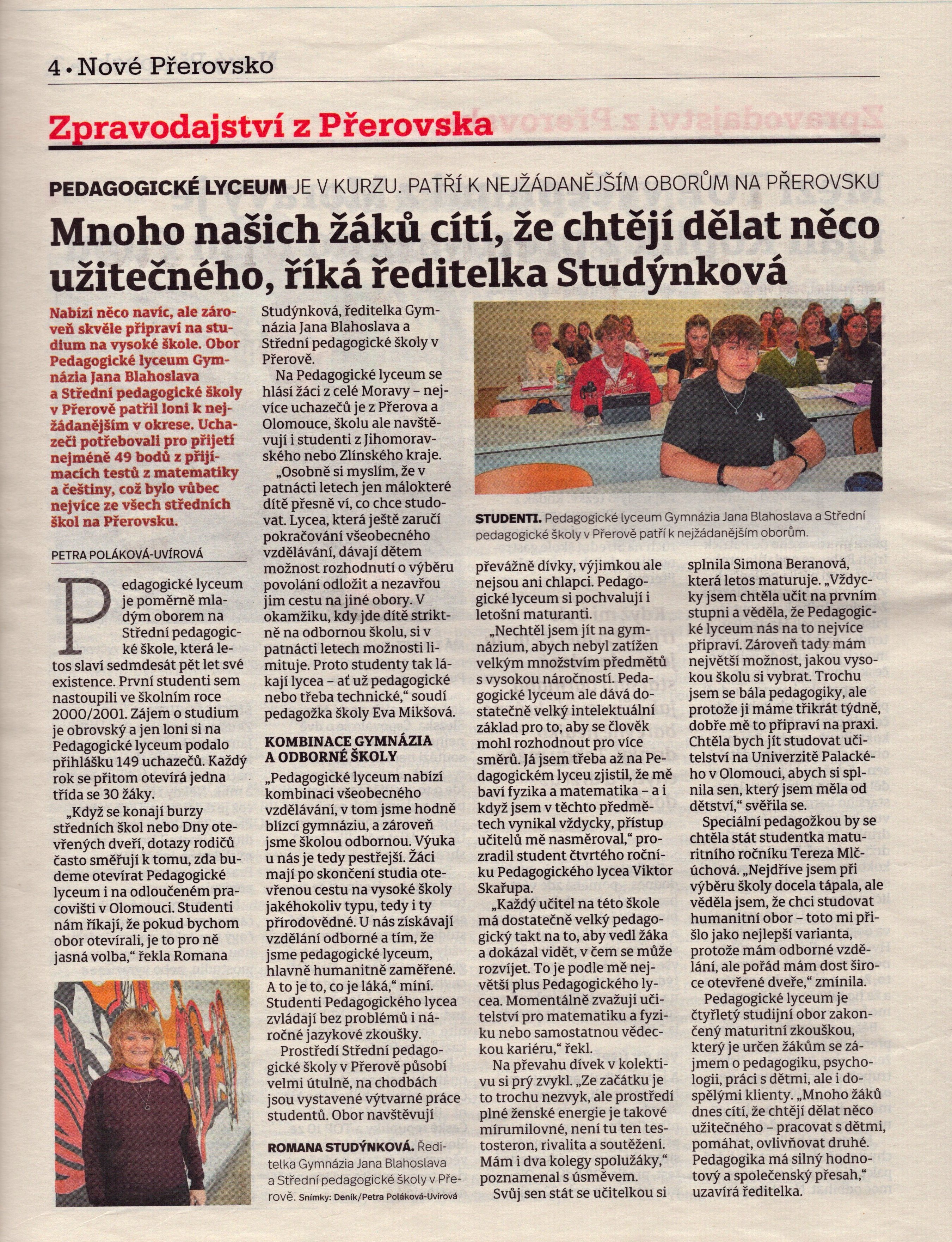 Nové Přerovsko 27. 2. 2026 – Mnoho našich žáků cítí, že chtějí dělat něco užitečného, říká ředitelka Studýnková